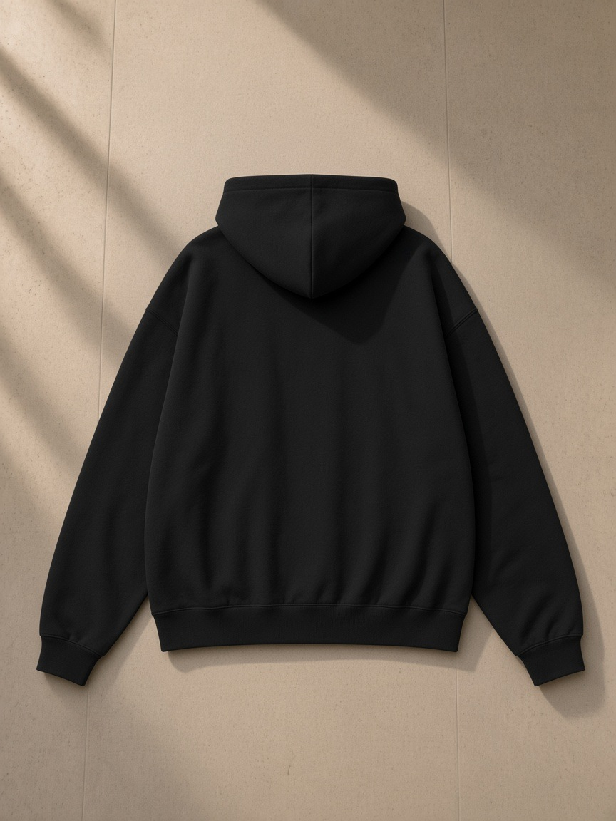 Unisex heavyweight hidden pocket fleece hoodie in Black Beauty, laid flat on pale limestone, back view
