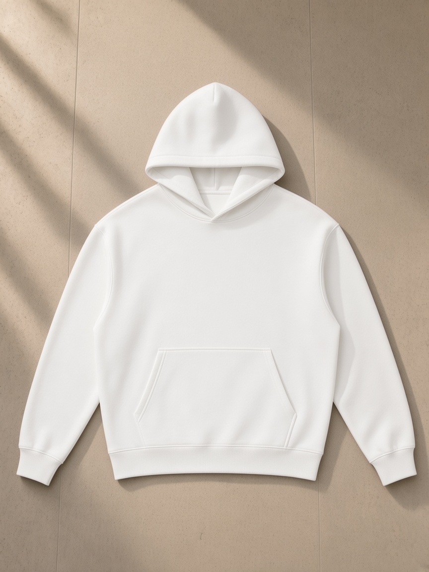 Unisex heavyweight hoodie in White, laid flat on pale limestone