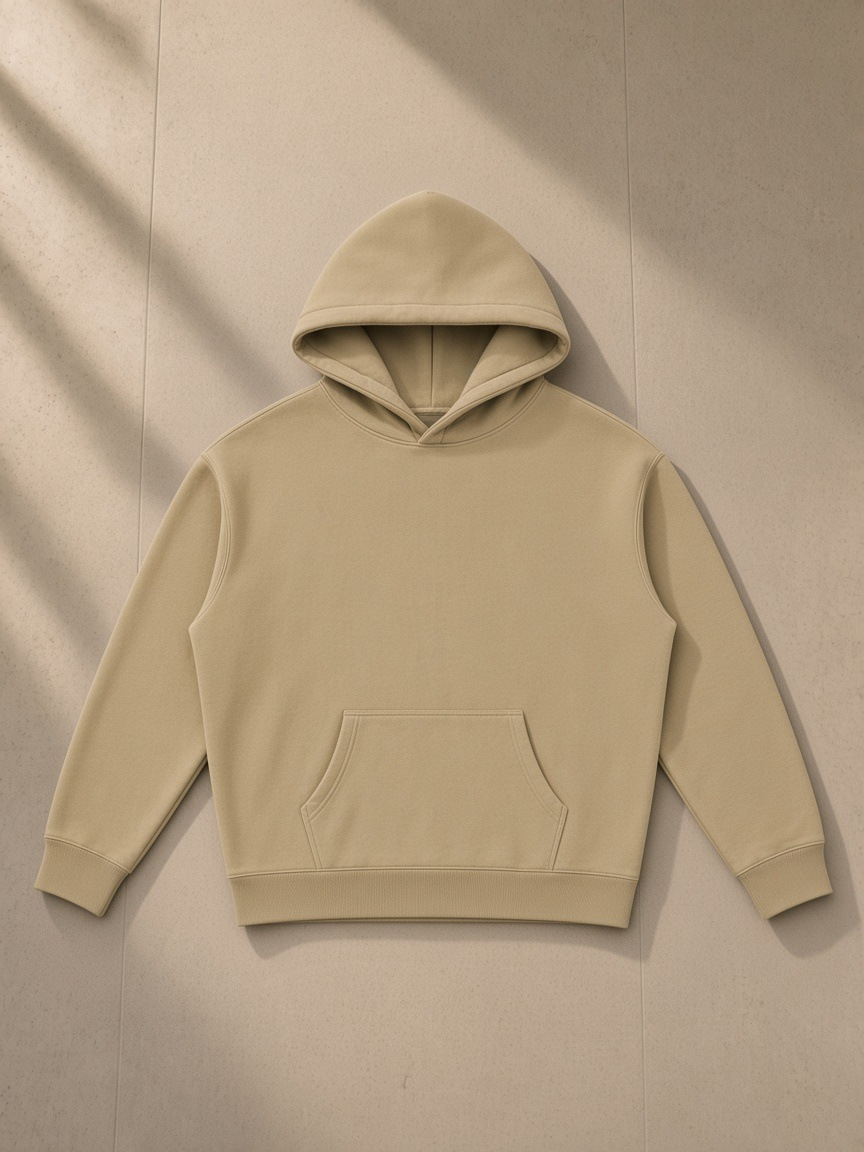 Oversize fleeced hoodie in Gray Apricot, laid flat on pale limestone