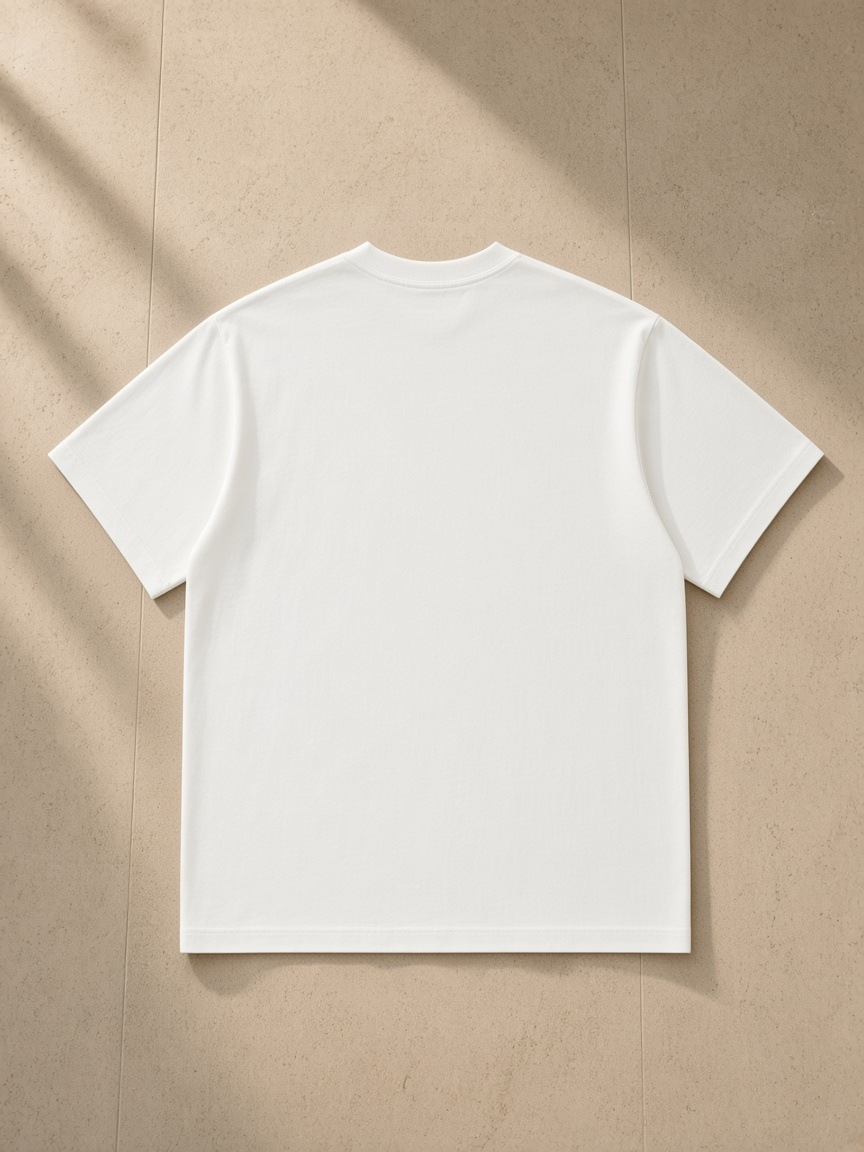 Solid Color Regular Fit T-Shirt in White, laid flat on pale limestone, back.