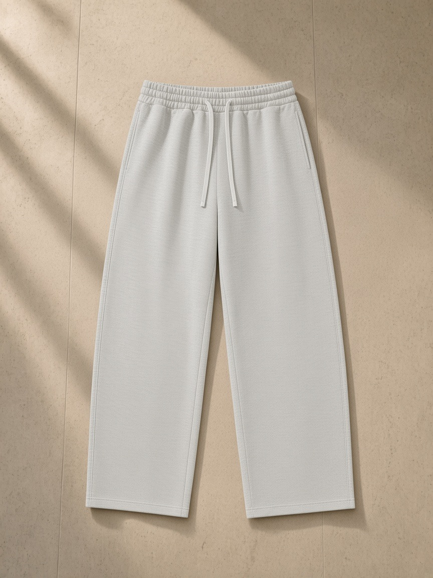 Waffle barrel leg pants in Oat Gray, laid flat on pale limestone