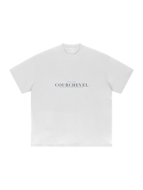 Courchevel Heavyweight Drop Shoulder T-Shirt by Marcel Afters in White, front view with the printed artwork, on white