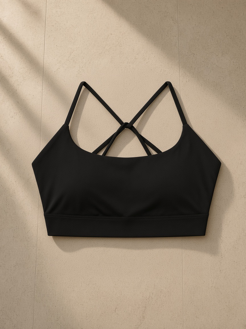 Strappy Criss Cross Yoga Sports Bra in Black, laid flat on pale limestone