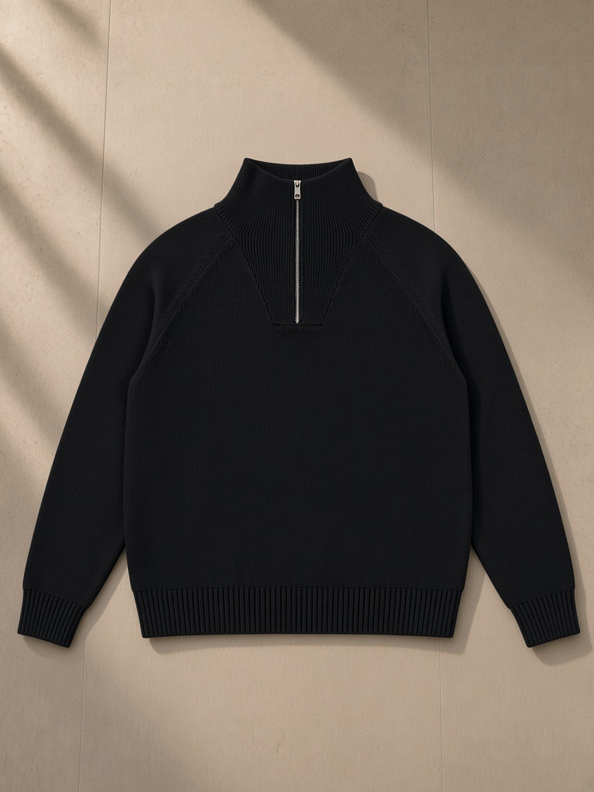 Front of the Black Quarter-Zip Pullover Sweatshirt, laid flat