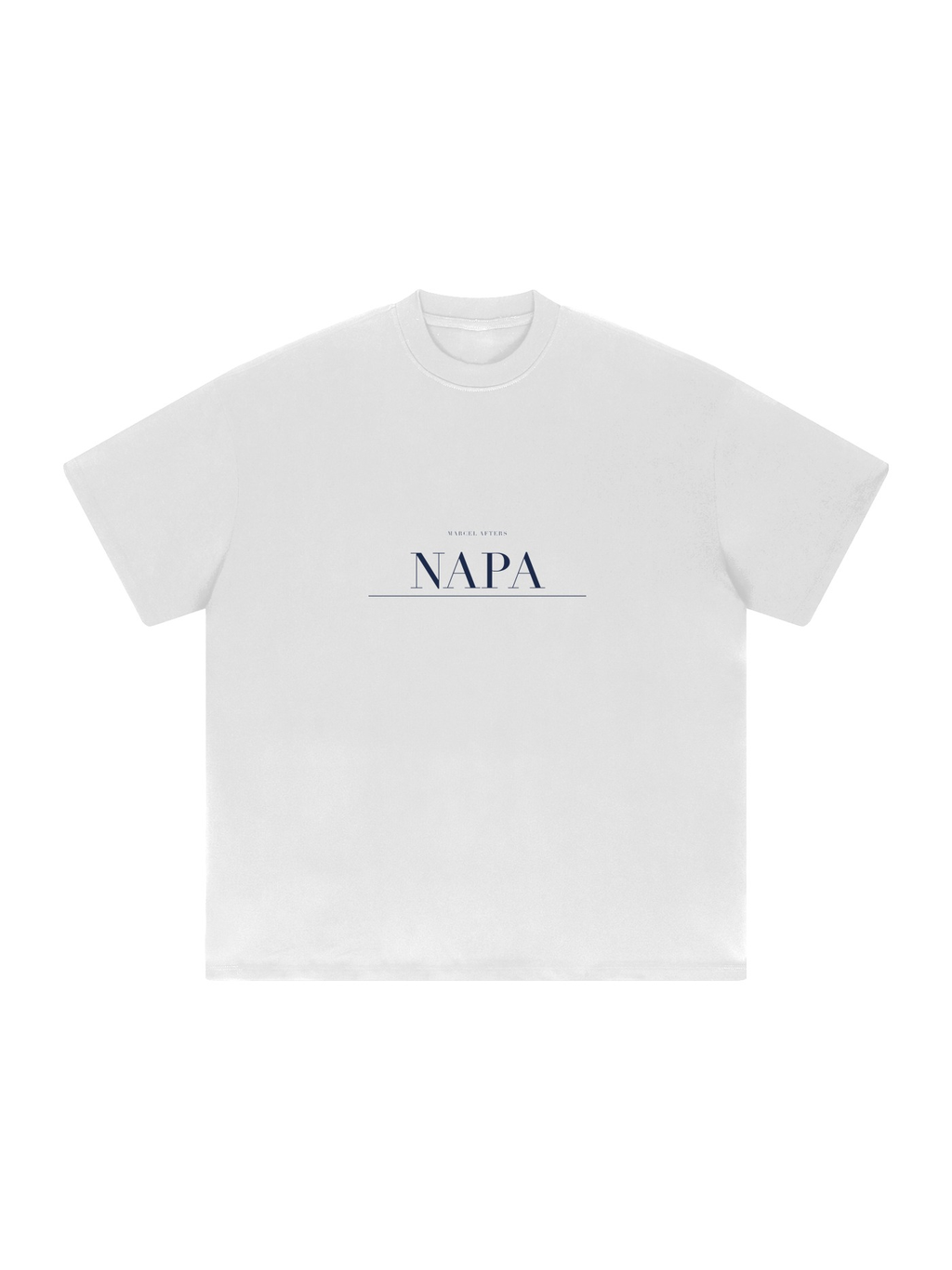 Napa Heavyweight Drop Shoulder T-Shirt by Marcel Afters in White, front view with the printed artwork, on white