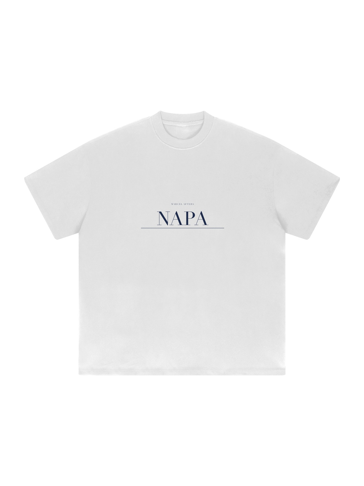 Napa Heavyweight Drop Shoulder T-Shirt by Marcel Afters in White, front view with the printed artwork, on white
