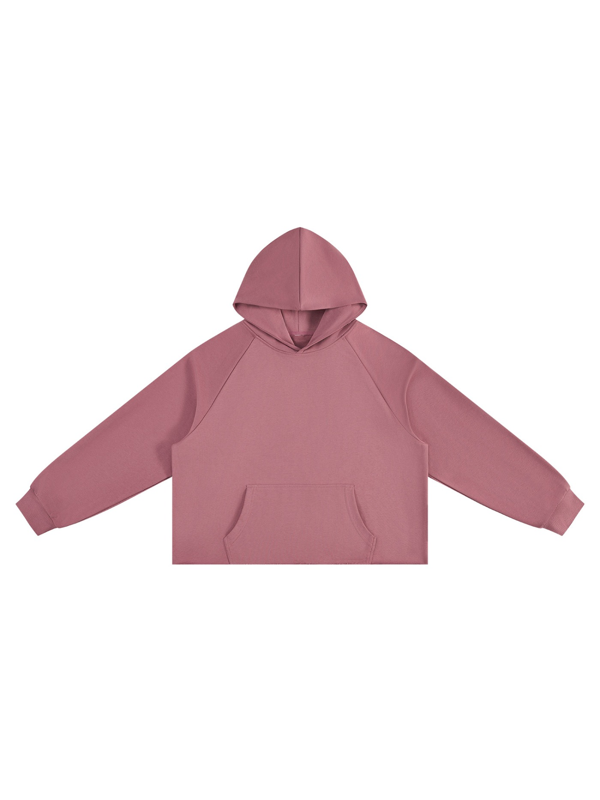 Vintage wash raw edge boxy hoodie in Carmine, front view