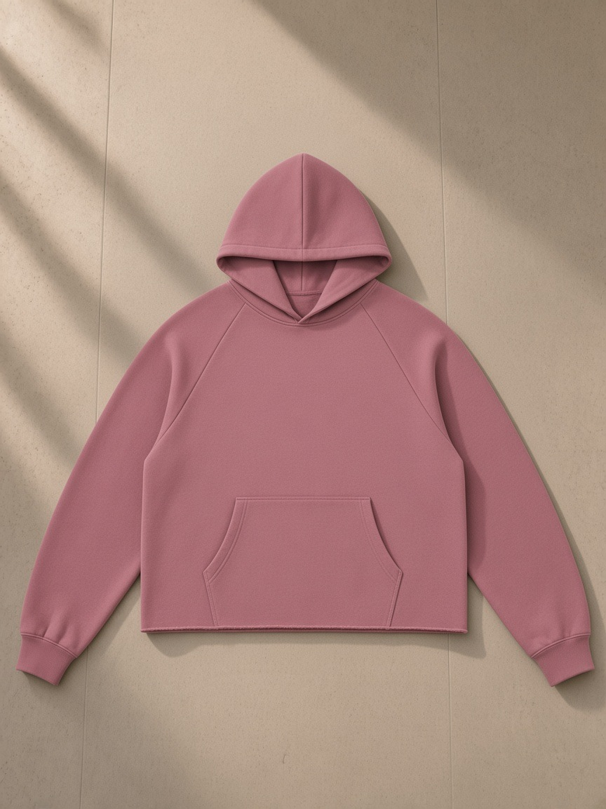 Vintage wash raw edge boxy hoodie in Carmine, laid flat on pale limestone