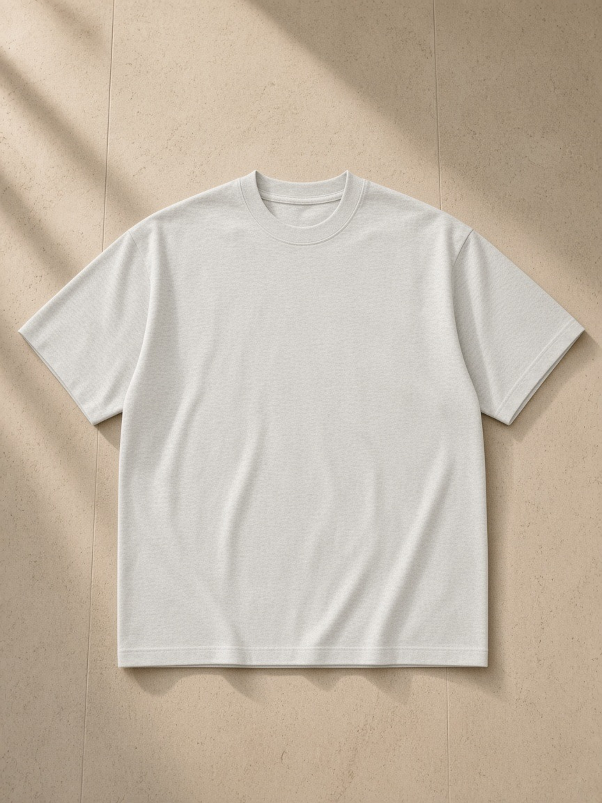 Women's Heavyweight Drop Shoulder T-Shirt in Oat Gray, laid flat on pale limestone