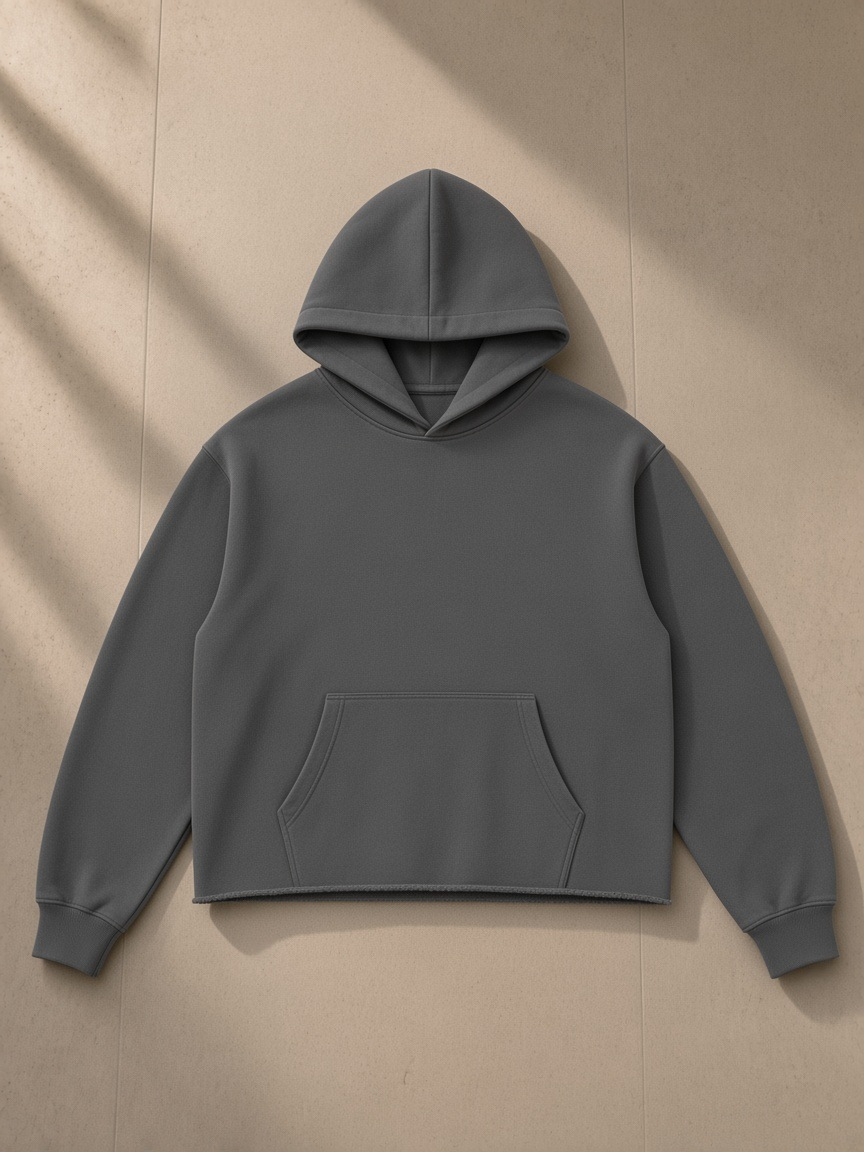 Vintage wash raw edge boxy hoodie in Dark Gray, laid flat on pale limestone