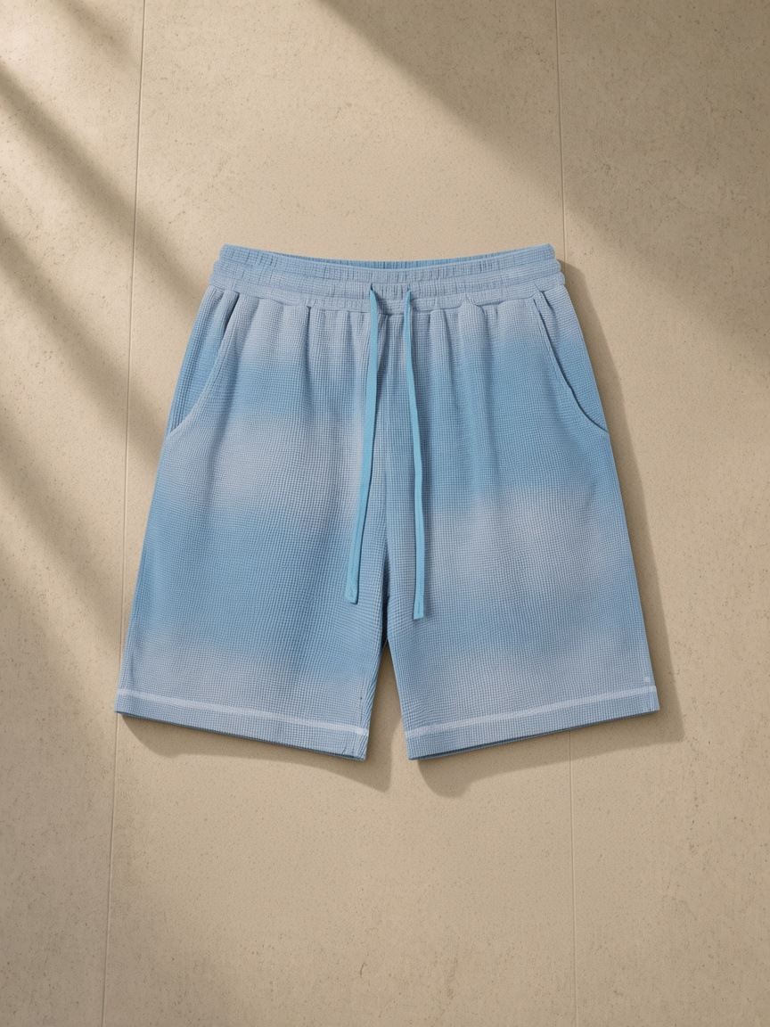 Sunfade waffle raw hem shorts in Sky Blue, laid flat on pale limestone