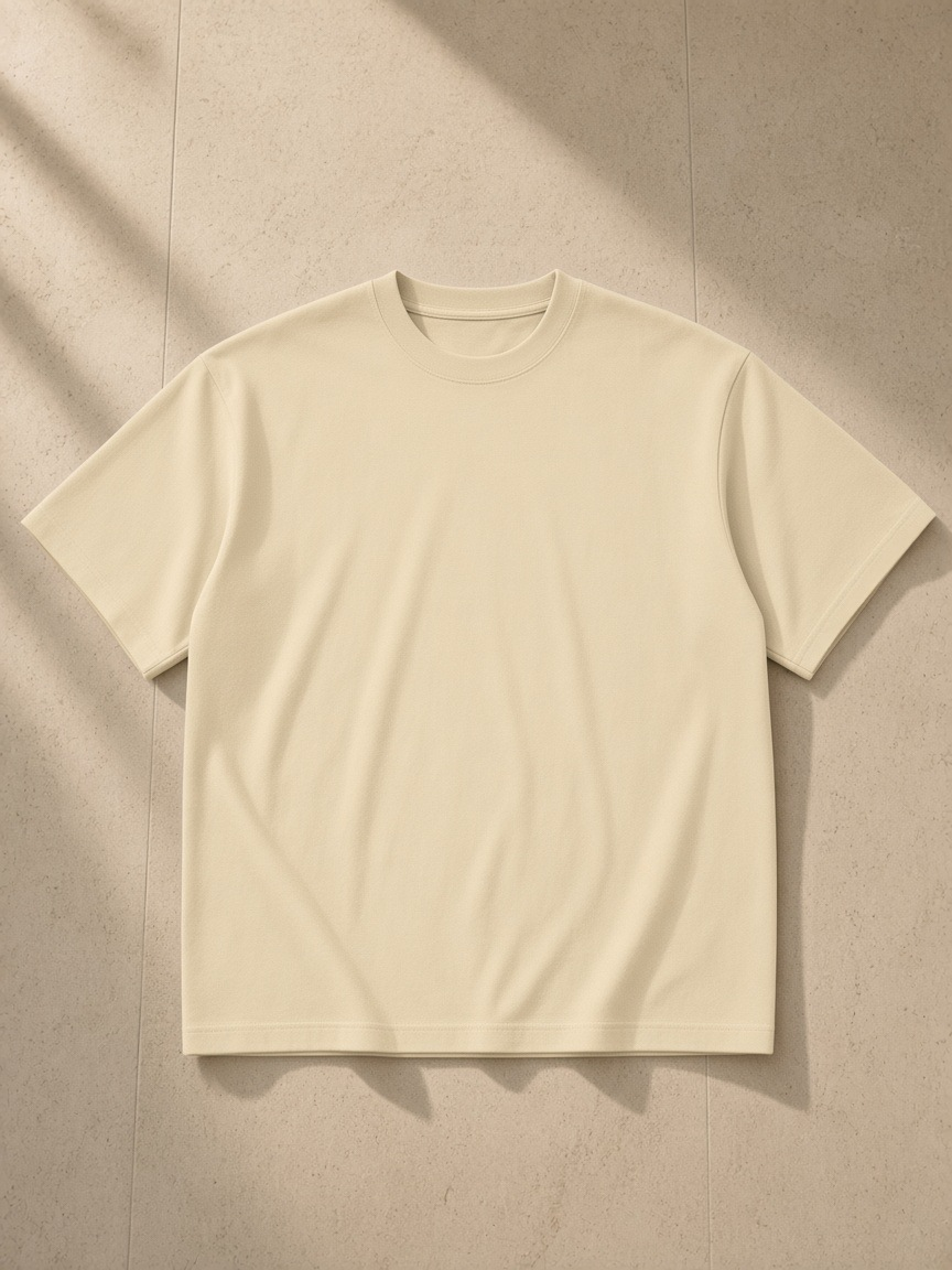 Sueded Cotton T-Shirt in Apricot, laid flat on pale limestone, front.