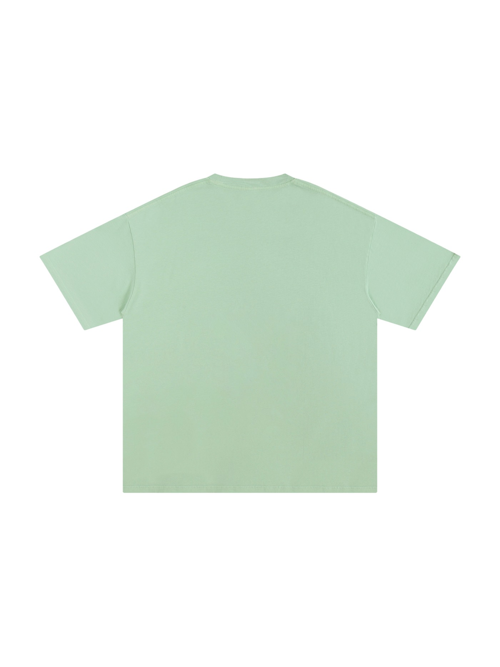 Unisex pure cotton t-shirt in Light Green, back view on white. Marcel Afters