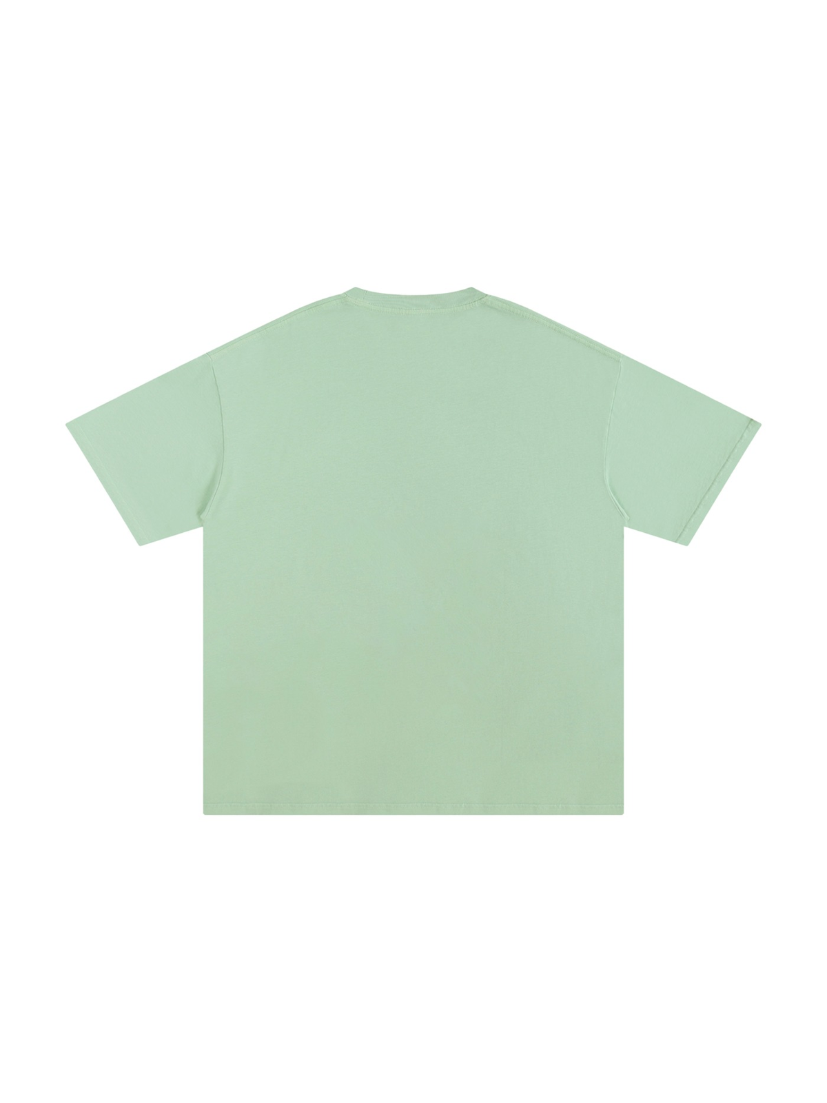 Unisex pure cotton t-shirt in Light Green, back view on white. Marcel Afters