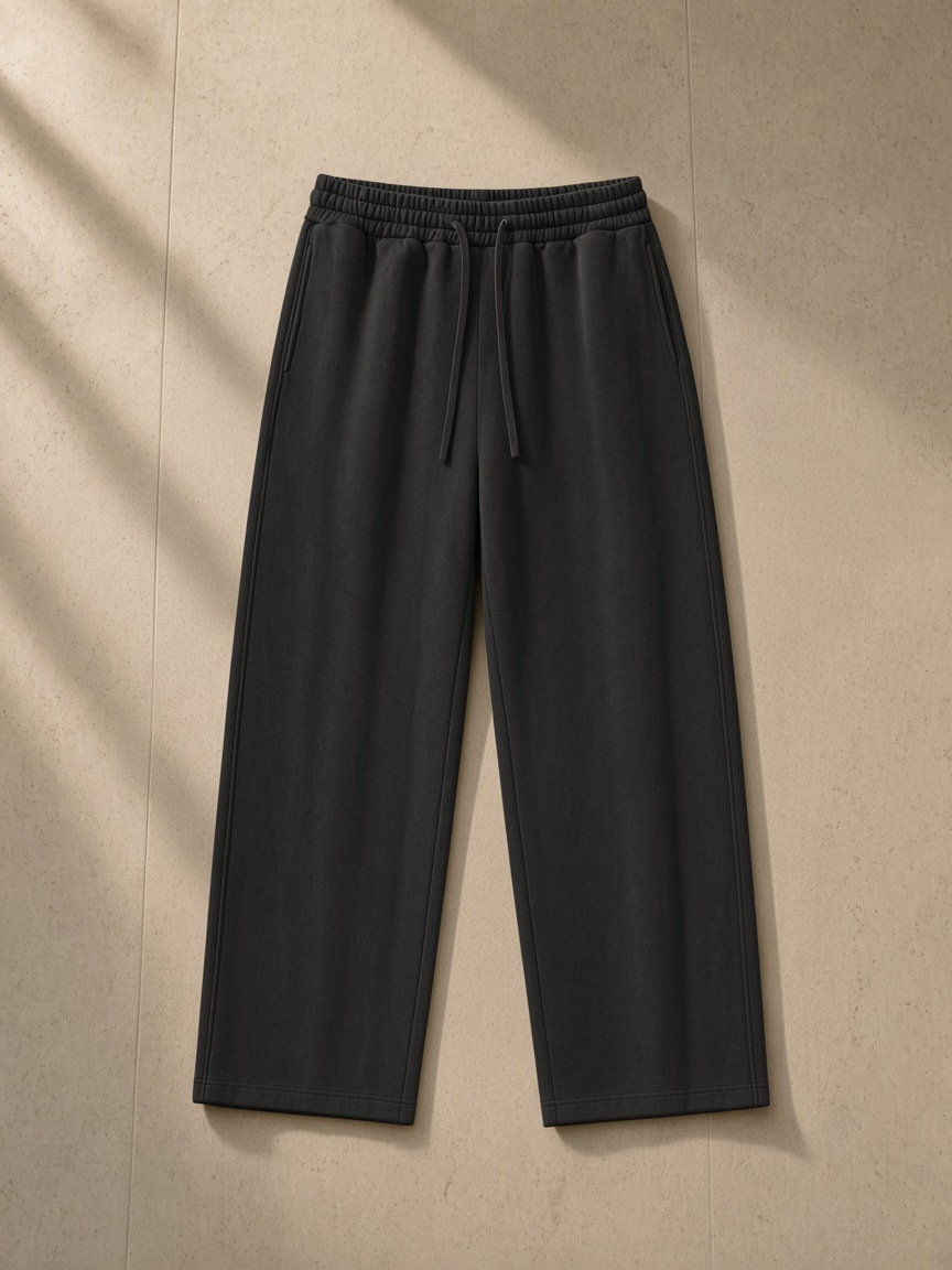 Waffle barrel leg pants in Black, laid flat on pale limestone