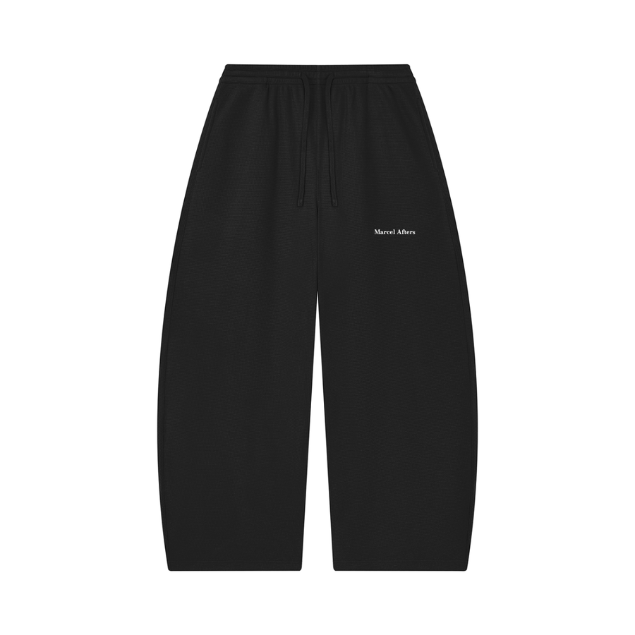 Waffle barrel leg pants in Black, front view