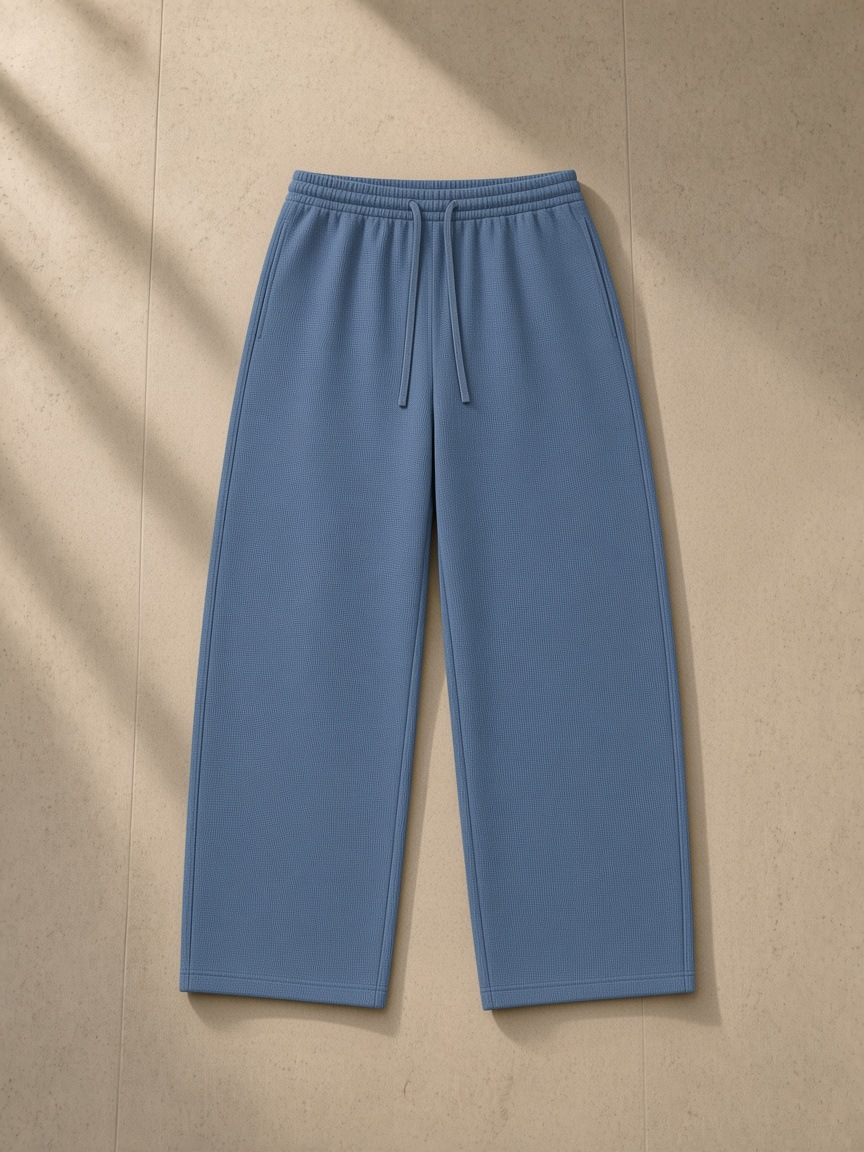 Waffle barrel leg pants in Jeans Blue, laid flat on pale limestone