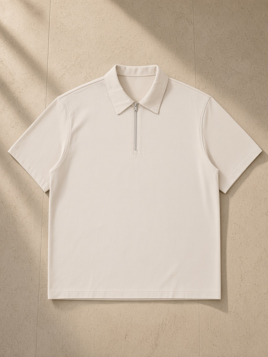 Half-Zip Cotton Polo in Pale Khaki, laid flat on pale limestone