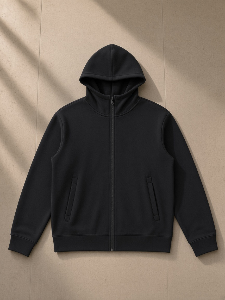 Women's Essential Heavyweight High Neck Zip-Up Hoodie in Black, laid flat on pale limestone