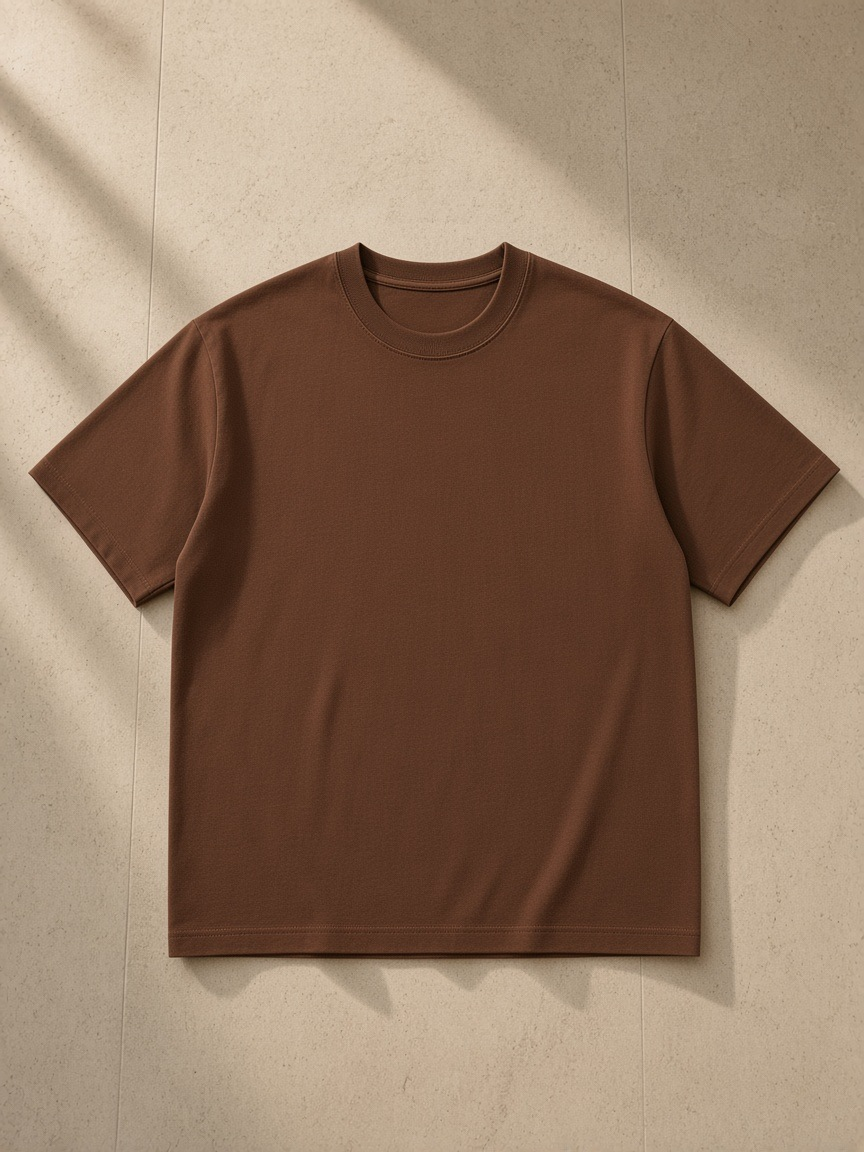 Unisex cotton t-shirt in Coffee, laid flat on pale limestone
