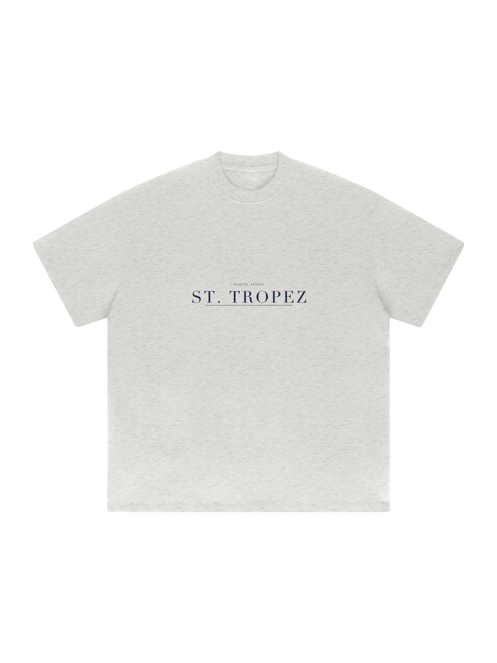 St. Tropez Heavyweight Drop Shoulder T-Shirt by Marcel Afters in Oat Gray, front view with the printed artwork, on white