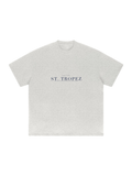 St. Tropez Heavyweight Drop Shoulder T-Shirt by Marcel Afters in Oat Gray, front view with the printed artwork, on white