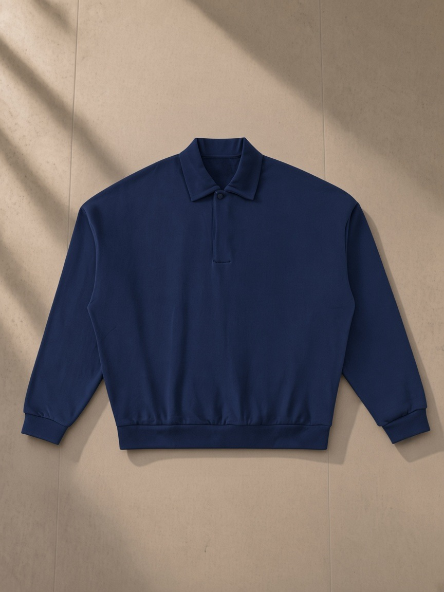Heavyweight Fleece Polo Sweatshirt — Dark in Navy Blue, laid flat on pale limestone, front.