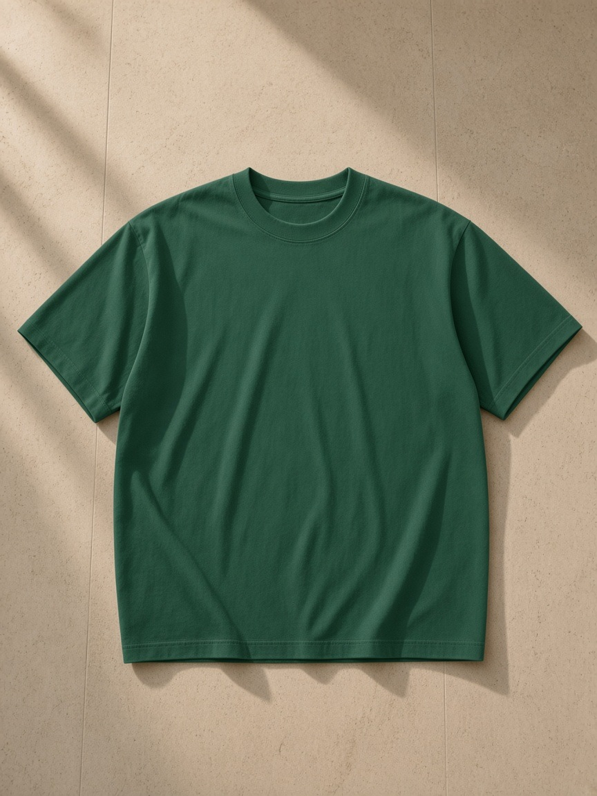 Unisex vintage wash distressed t-shirt in Retro Green, laid flat on pale limestone