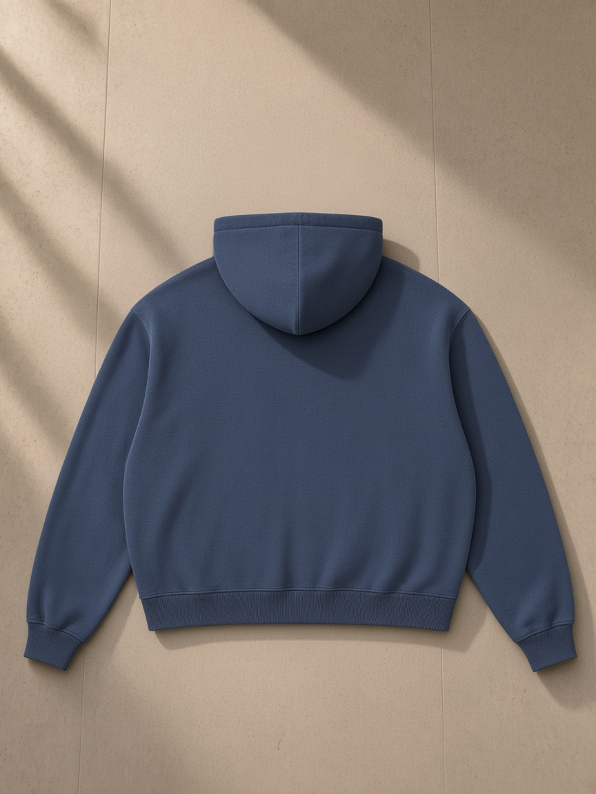 Boxy vintage washed hoodie in Navy Blue, laid flat on pale limestone, back view