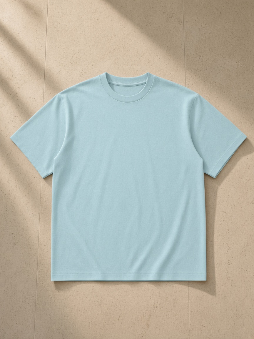Lightweight oversized t-shirt in Haze Blue, laid flat on pale limestone