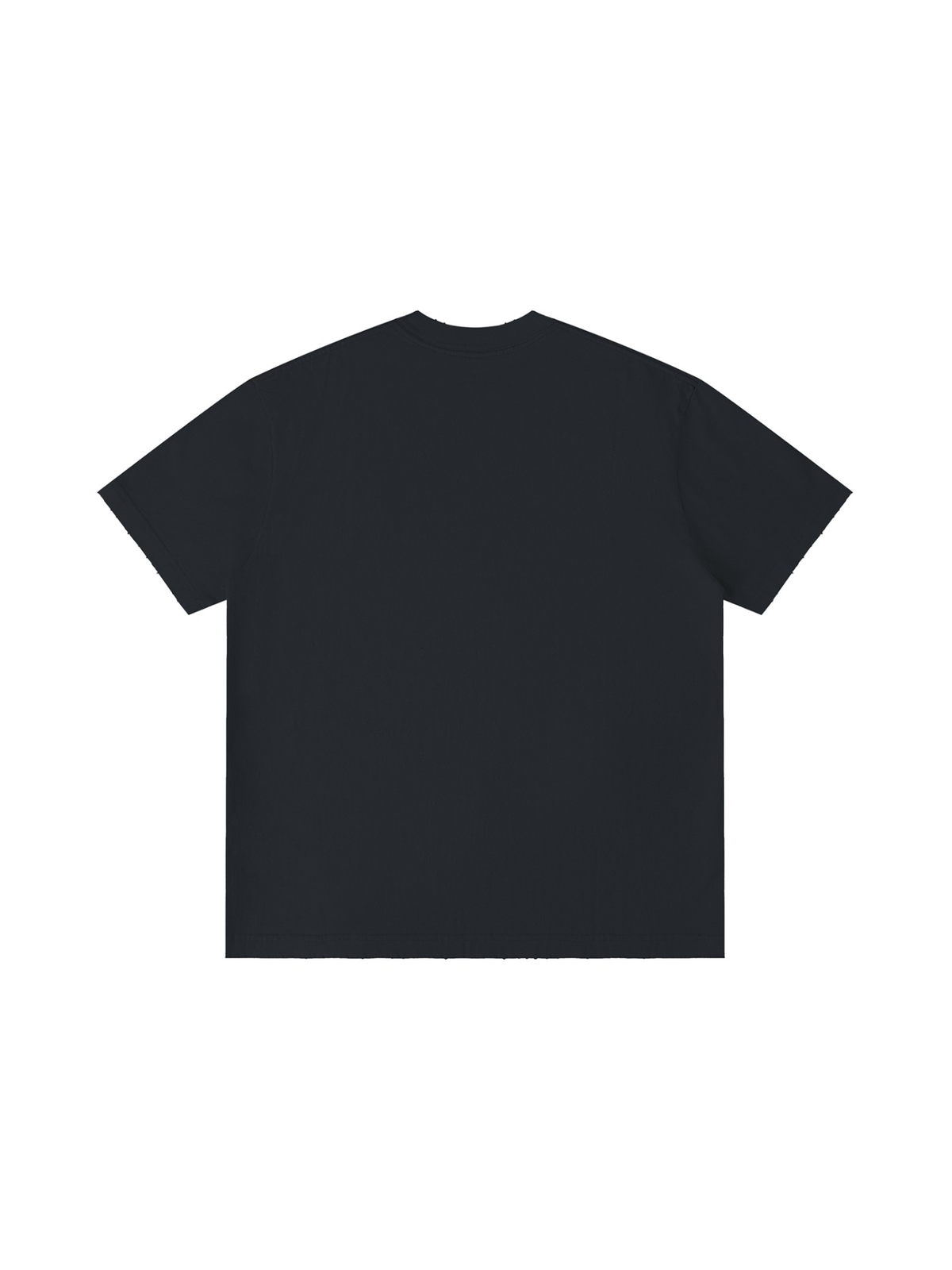 Unisex vintage wash distressed t-shirt in Black, back view on white. Marcel Afters