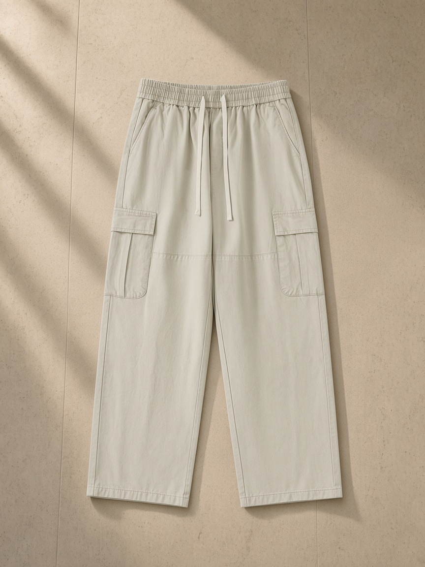 Drawstring waist straight-leg cargo pants in Light Gray, laid flat on pale limestone