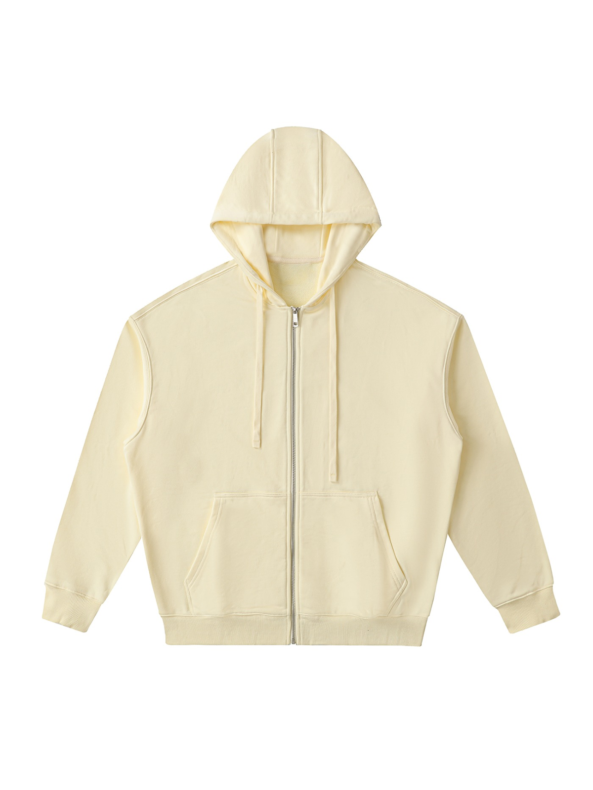 Unisex drop-shoulder zip up hoodie in Mild Apricot, front view on white. Marcel Afters