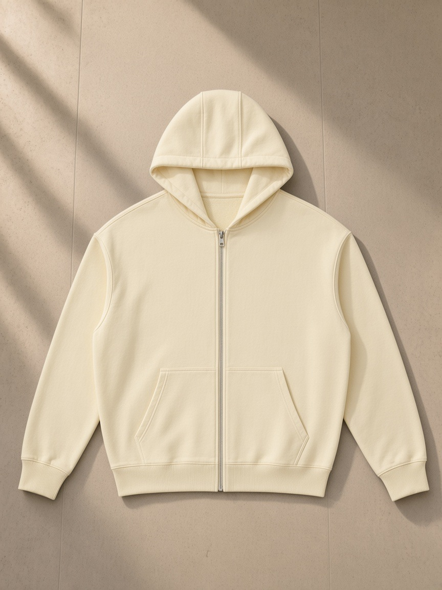 Unisex drop-shoulder zip up hoodie in Mild Apricot, laid flat on pale limestone
