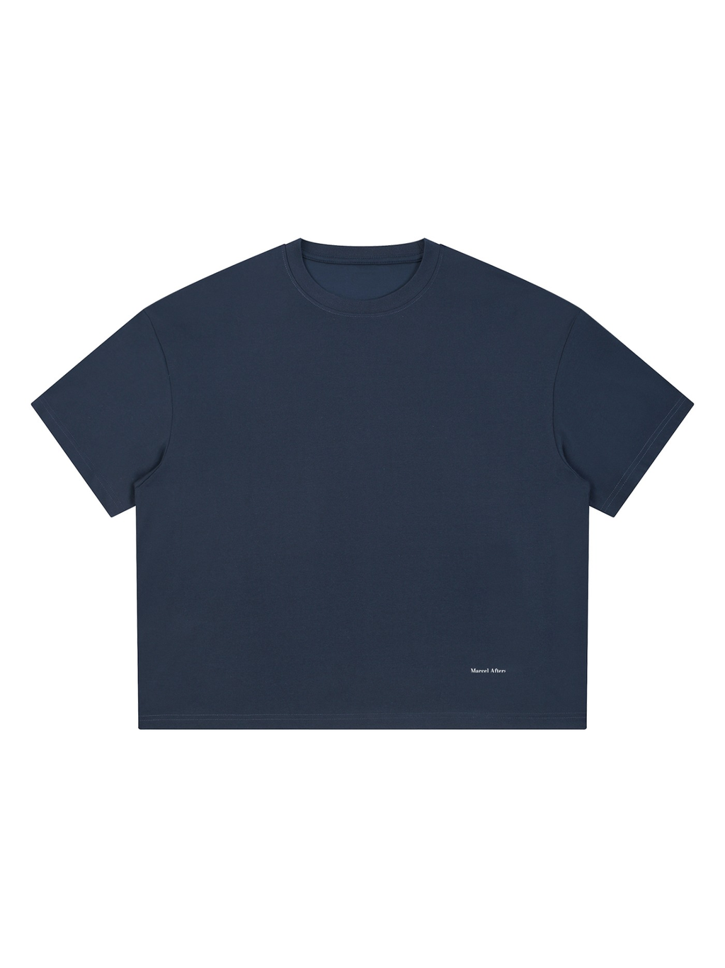 Unisex boxy Coolmax t-shirt in Navy Blue, front view on white. Marcel Afters