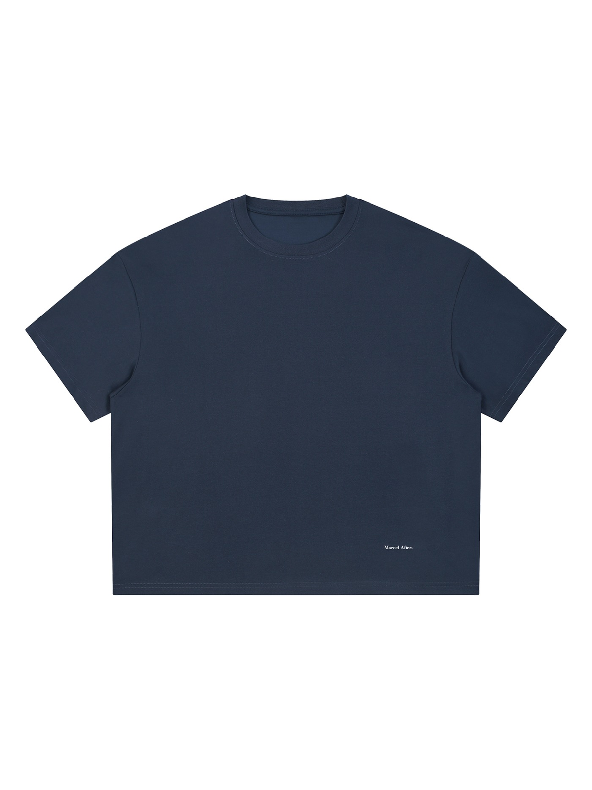 Boxy Coolmax T-Shirt in Navy Blue, laid flat on pale limestone, front.