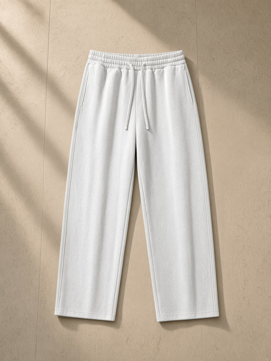 Essential Drawstring Straight-Leg Sweatpants in Flower Gray, laid flat on pale limestone