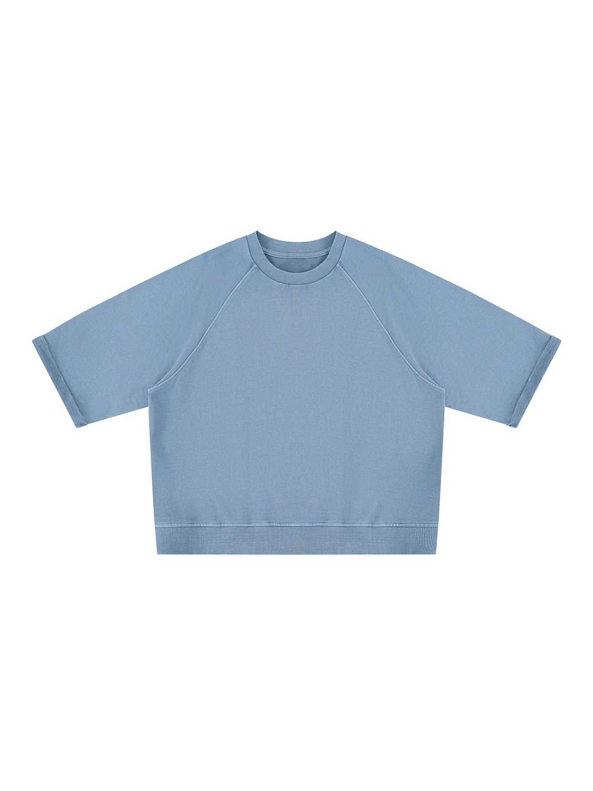 Unisex vintage wash boxy short sleeve sweatshirt in Blue, front view on white. Marcel Afters