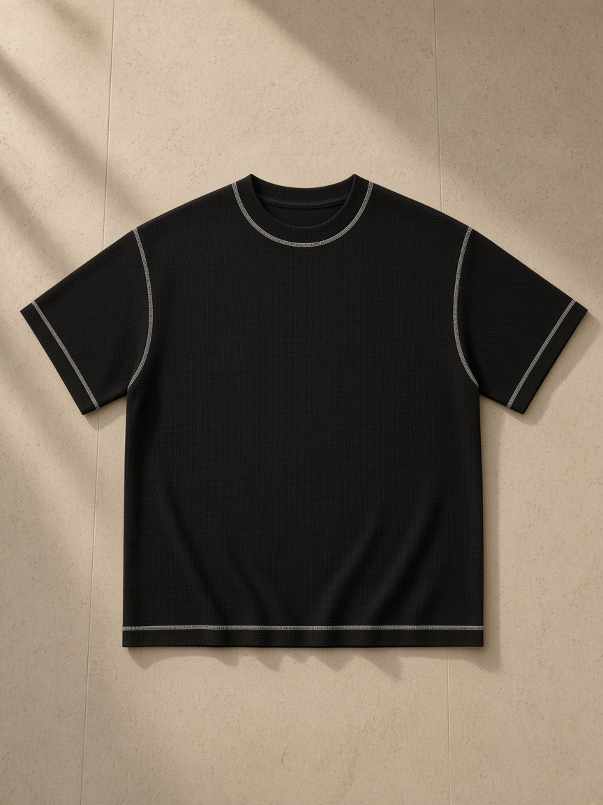 Unisex sunfade waffle boxy t-shirt in Black, laid flat on pale limestone