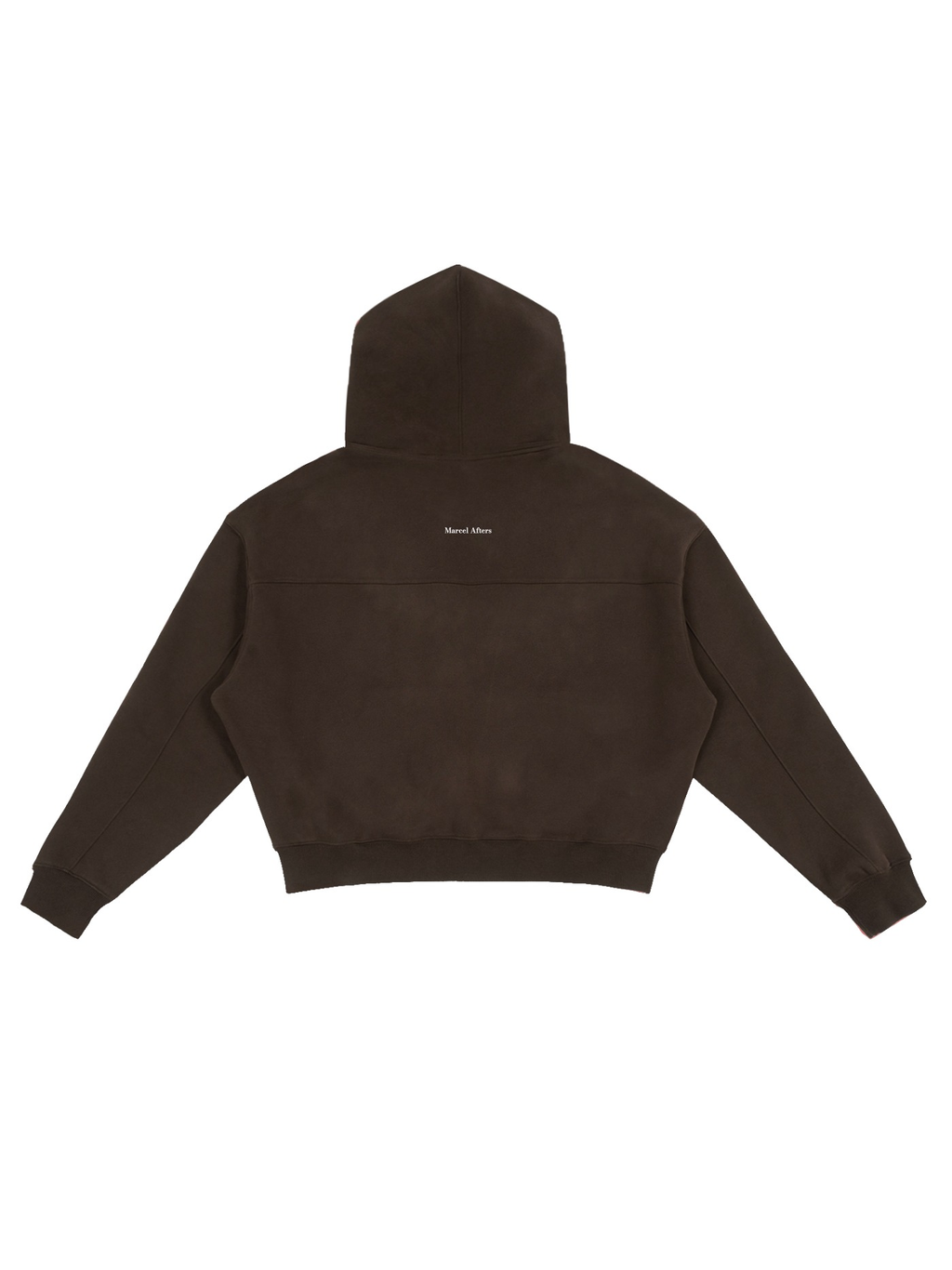 Unisex fleece zip-up boxy hoodie in Brown, back view on white. Marcel Afters