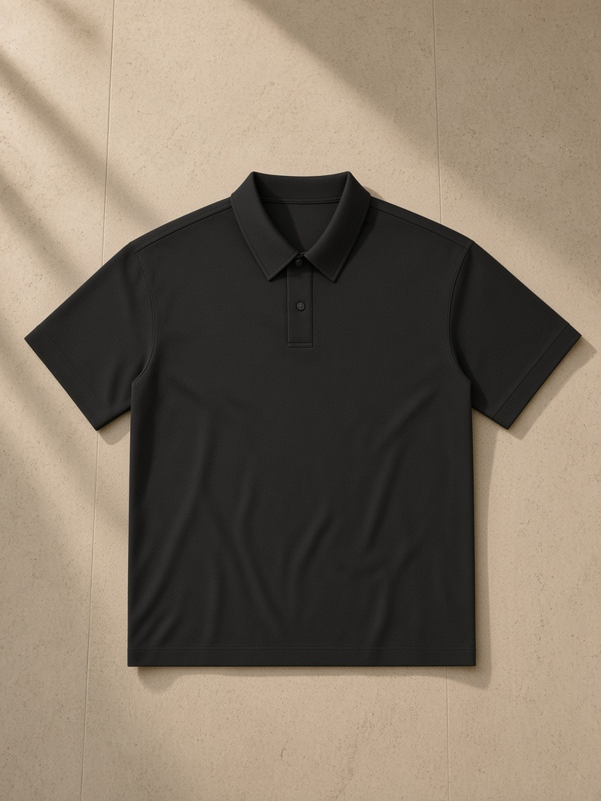 Drop Shoulder Short-Sleeve Polo in Black, laid flat on pale limestone