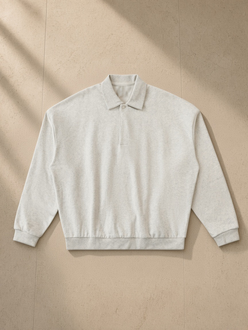 Heavyweight Fleece Polo Sweatshirt in Oat Gray, laid flat on pale limestone, front.