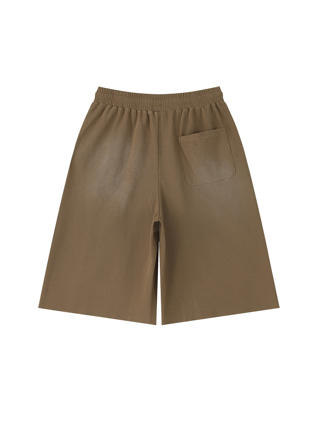 Unisex sunfade raw edge shorts in Coffee, back view on white. Marcel Afters