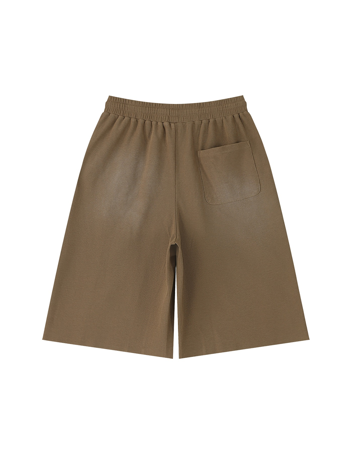 Unisex sunfade raw edge shorts in Coffee, back view on white. Marcel Afters