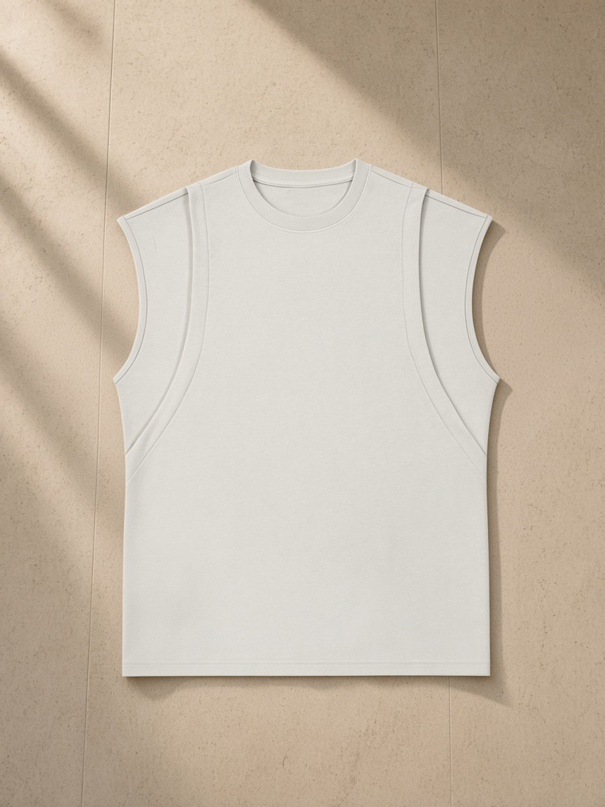 Unisex spliced panel sleeveless muscle t-shirt in Light Gray, laid flat on pale limestone