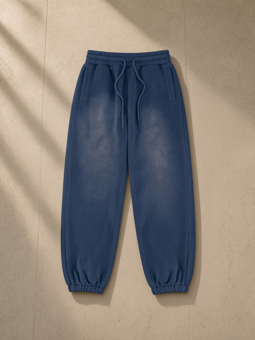 Unisex vintage washed fleece jogger sweatpants in Navy Blue, laid flat on pale limestone