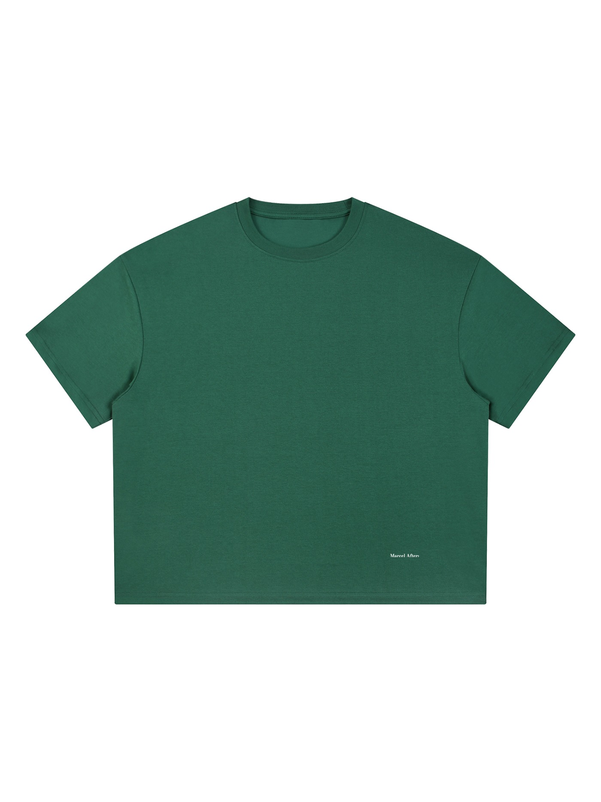 Boxy Coolmax T-Shirt in Blackish Green, laid flat on pale limestone, front.