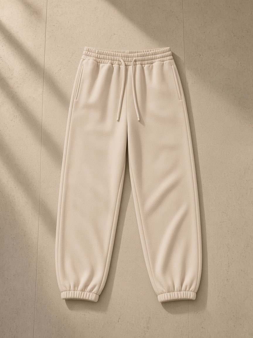 Fleeced Jogger Sweatpants in Mild Apricot, laid flat on pale limestone