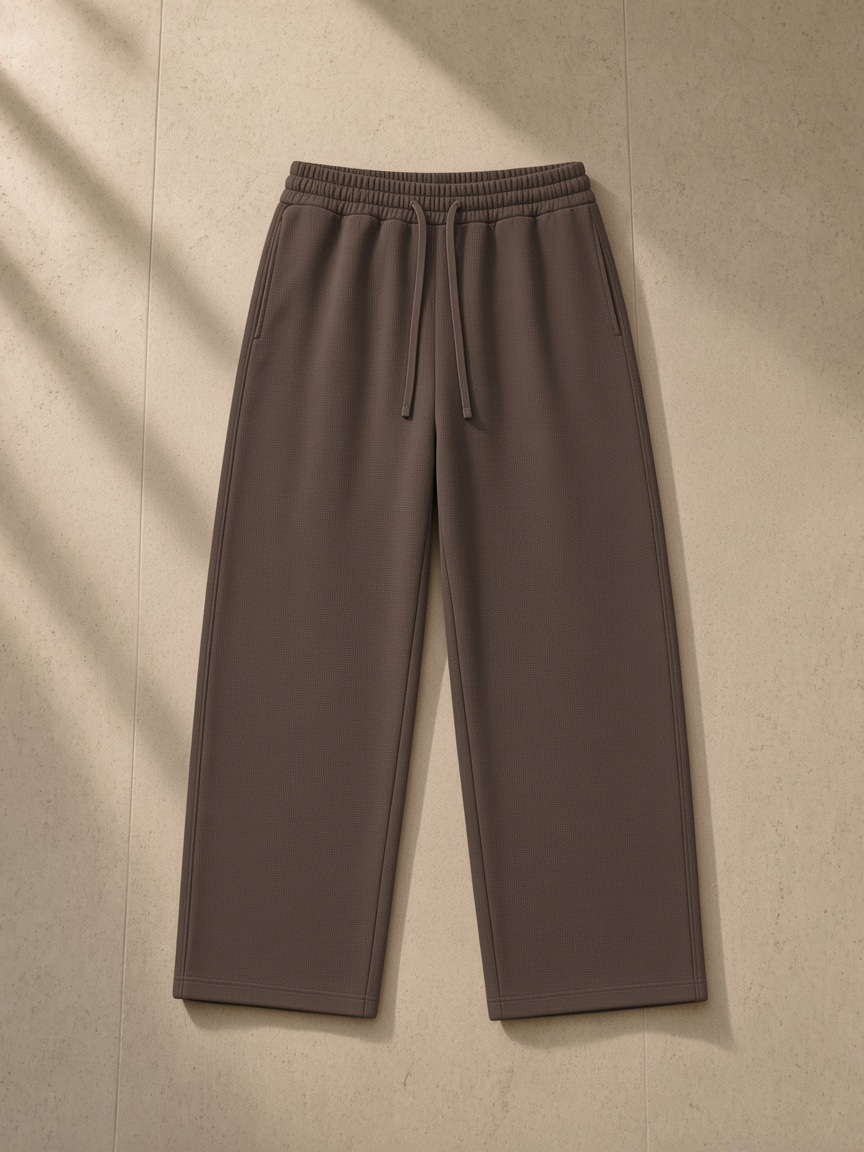 Waffle barrel leg pants in Coffee, laid flat on pale limestone