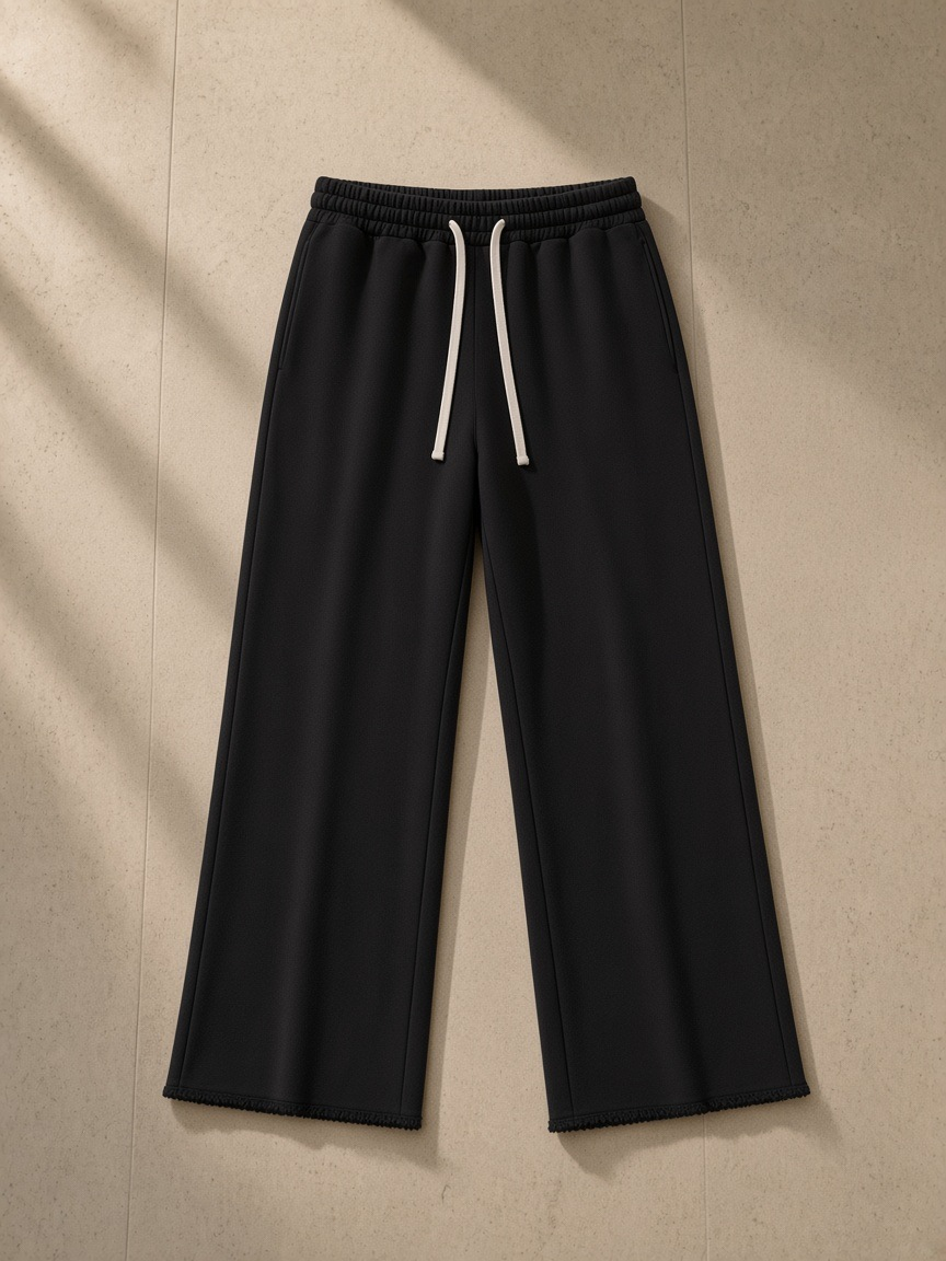 Flared sweatpants in Black, laid flat on pale limestone
